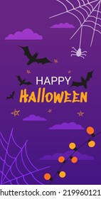 text Happy Halloween on the background of the night cloudy starry sky with bats cobwebs and garland
