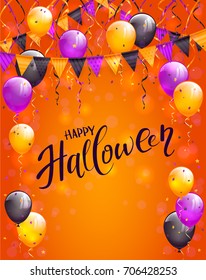 Text Happy Halloween on orange background with multicolored balloons, pennants, streamers and confetti, illustration.