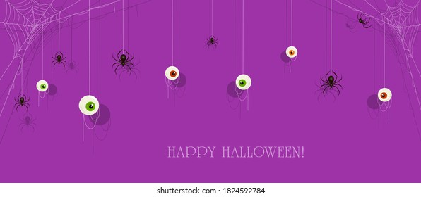 Text Happy Halloween on purple banner with scary eyes and black spiders on cobwebs. Illustration can be used for holiday cards, backdrops, children's clothing design, invitations and banners.