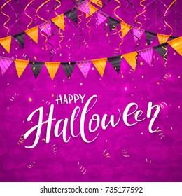 Text Happy Halloween on an purple background with holiday images, colorful pennants, streamers and confetti, illustration.