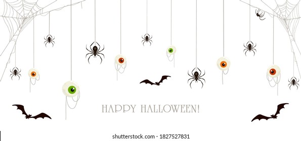 Text Happy Halloween on white background. Banner with scary eyes, bats and black spiders on cobwebs. Illustration can be used for holiday cards, backdrops, children's design, invitations and banners.