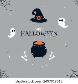 Text Happy Halloween with spider web and cute ghost, cauldron and magic hat for greeting cards, posters, banners, flyers and invitations. Isolated flat vector illustration. Holiday grey background.