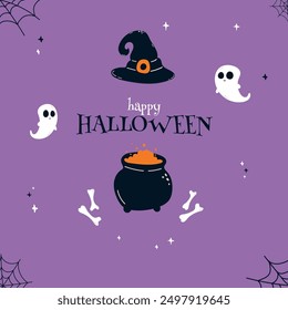 Text Happy Halloween with spider web and cute ghost, cauldron and magic hat for greeting cards, posters, banners, flyers and invitations. Isolated flat vector illustration. Holiday violet background.
