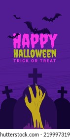 text Happy Halloween and trick or treat against the background of the night sky with bats and a cemetery, a hand reaches out from the grave