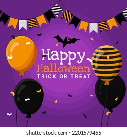 text Happy Halloween and trick or treat on the background of confetti balloons and garlands
