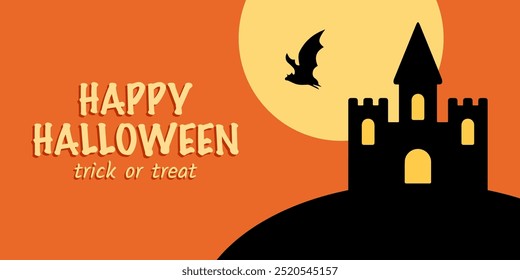 Text Happy Halloween, trick or treat, flying bat and full moon in orange sky and black scary castle. Cute banner design for Halloween.