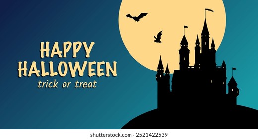 Feliz Halloween, truco o trato, murciélagos voladores y luna llena en el cielo azul de la noche y la silueta del castillo de miedo. Diseño de Anuncio festivo para Halloween.