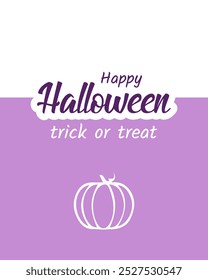 Feliz Halloween, truco o trato y calabaza sobre fondo blanco y púrpura. Diseño festivo para cartel, Anuncio o tarjeta de felicitación para Halloween.