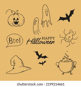 text happy halloween witch cauldron and hat ghost bats poisonous spider the word Boo and scary pumpkin