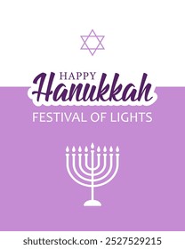 Text Happy Hanukkah, festival of lights, candelabrum and star of David on white and purple background. Festive design for greeting card, poster or banner for Jewish festival Hanukkah.