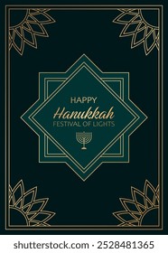 Text Happy Hanukkah, festival of lights and menorah on green background with golden frame. Elegant festive design for greeting card, poster or banner for Jewish festival Hanukkah.