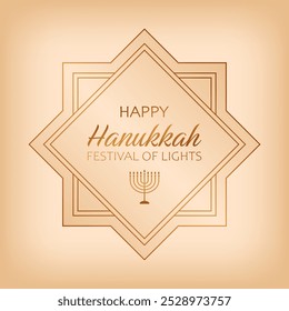 Text Happy Hanukkah, festival of lights and menorah on cream background. Elegant festive design for greeting card, poster or banner for Jewish celebration Hanukkah.