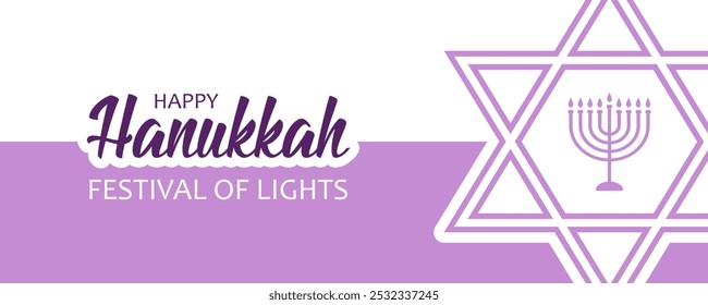 Text Happy Hanukkah, festival of lights, star of David and candelabrum on white and purple background. Festive banner design for Jewish festival Hanukkah.