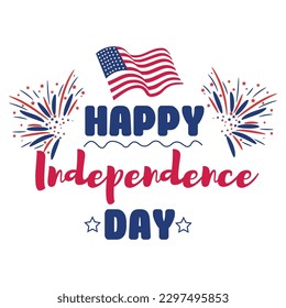 Text HAPPY INDEPENDENCE DAY, fireworks and USA flag on white bac