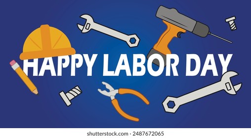 Text HAPPY LABOR DAY and different drawn tools on blue backgroun