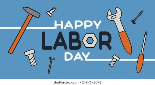 Text HAPPY LABOR DAY and different drawn tools on blue backgroun