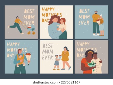 Text Happy Mother's Day. Daughter and son congratulates mom and gives her flowers. Big set of postcards for Mother's Day. Vector illustration for design.