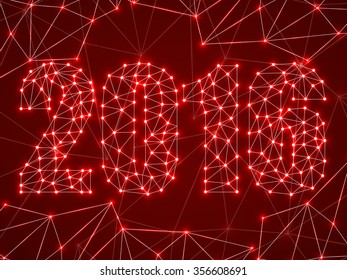 Text happy new year 2016 with glowing dots and lines, network connections. Geometric background. Vector illustration. Eps 10