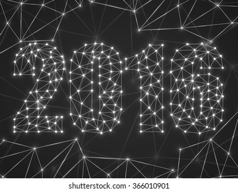 Text happy new year 2016 with glowing dots and lines, network connections. Geometric background. Vector illustration. Eps 10