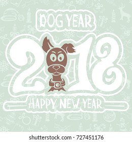 Text Happy New Year 2018 and funny dog on blue background, illustration.