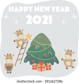 Text Happy new year 2021. Cute ox, cow, bull decorate the christmas tree on light background vector flat cartoon illustration. Spruce with gifts. Winter card, poster.New year,holidays vibes.