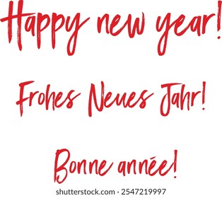 Text Happy New Year in English, German, French languages on white isolated background