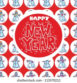 text happy new year with funny snowman