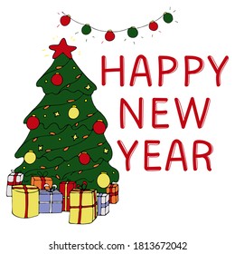 text happy new year with garland and an elegant decorated Christmas tree with gifts on a white background, cute picture for new year and christmas, vector illustration for greeting card in doodle styl