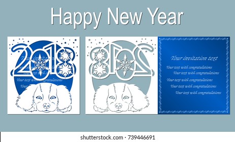 Text - happy New Year. Number 2018 with cute and funny cartoon puppy. Symbols of the years on the Chinese calendar. Vector illustration. Laser cut template. Metal, paper or wood carving pattern.