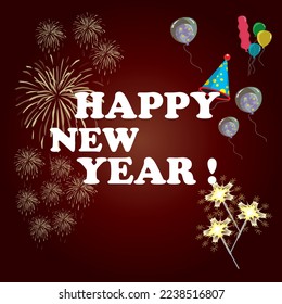 Text for HAPPY NEW YEAR over fireworks on dark background.