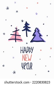 Text Happy new year post card on doodle simple style. Aspect ratio A4. Template Snowflakes  and new year trees on white background, snow land.