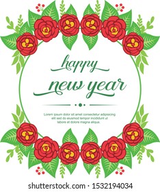 Text happy new year, with red wreath frame background. Vector