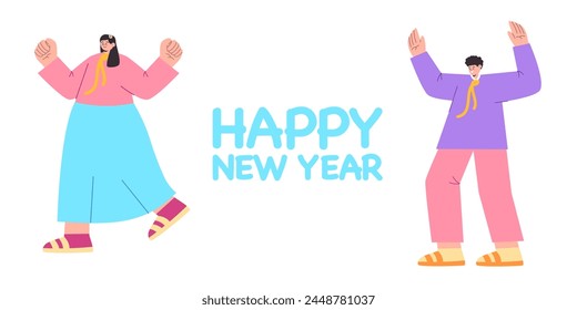 text happy new year with young woman and man wear korean traditional costume fashion style