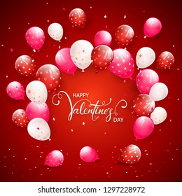 Text Happy Valentine's Day on red holiday background with flying colorful balloons, illustration.