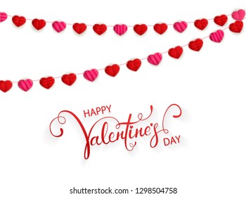 Text Happy Valentine's Day on white background with red and pink pennants in the form of hearts, illustration.