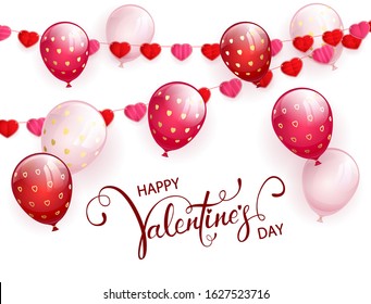 Text Happy Valentine's Day on white background with pink flying balloons and red pennants in the form of hearts. Illustration can be used for holiday design, posters, cards, websites, banners.