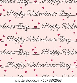 Text happy Valentines day with red hearts seamless pattern. Vector illustration