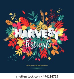 Text harvest festival in paper style on multicolor background with autumn leaves. Hand drawn grunge blots elements. Fall style for autumn festival.