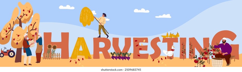 Colheita de texto, colheita de frutas, colheita de legumes. Cartas enormes, gente pequena. Ilustração vetorial, desenho à mão. 