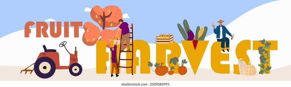 Text harvesting, harvesting fruit, harvesting vegetables. Huge letters, tiny people. Vector illustration, hand drawing. 