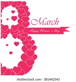 Text with lot of hearts on a white background for women's day