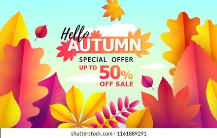 Text Hello Autumn, discounts from 50%. Autumn Seasonal sale. Up to 50% off. Vector Background of bright falling red, yellow and golden autumn leaves of oak, aspen, chestnut, ashberry. Promotion banner