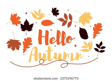 Text HELLO, AUTUMN and leaves on white background