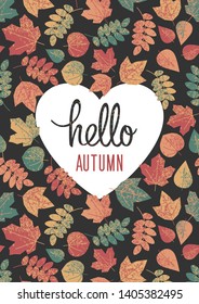 text Hello autumn on white heart on a black background with autumn leaves.
Autumn postcard, banner, poster design