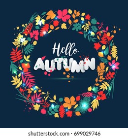 Text hello autumn in paper style on multicolor background with autumn leaves. Hand drawn grunge blots elements. Fall style for autumn sale.