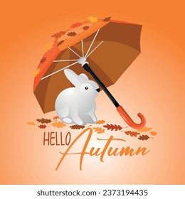 Text HELLO, AUTUMN, rabbit, umbrella and leaves on orange backgr