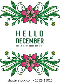 Text hello december, with seamless pink flower frame. Vector