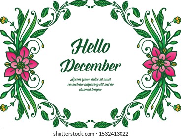Text hello december, with seamless pink flower frame. Vector