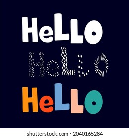 Text Hello está hecho en letras multicolores, blanco y textura sobre fondo negro