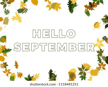 text hello september in the frame of autumn leaves on white background